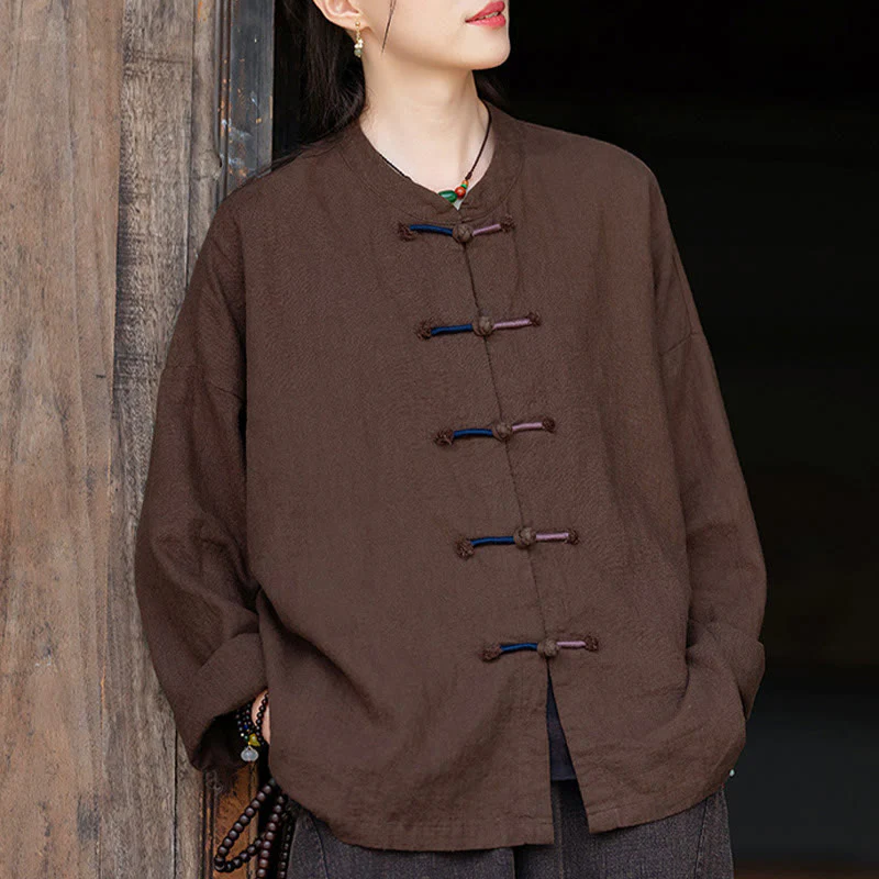 Camicia da donna in lino ramiè a maniche lunghe con bottoni a rana e tinta unita , Buddha Stones - Image 14