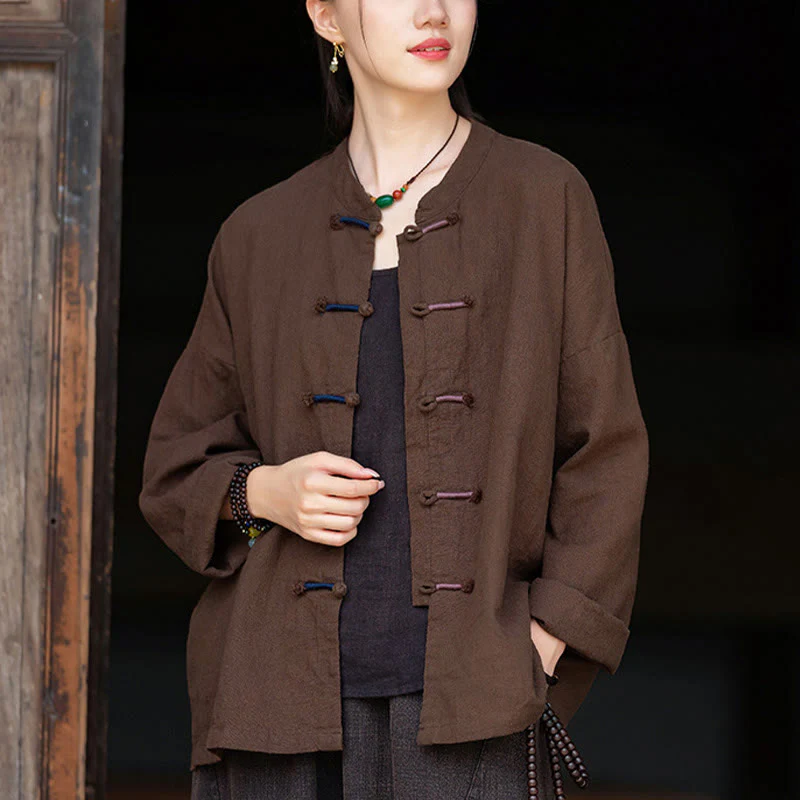 Camicia da donna in lino ramiè a maniche lunghe con bottoni a rana e tinta unita , Buddha Stones - Image 18