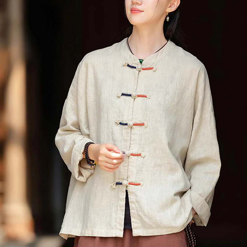 Camicia da donna in lino ramiè a maniche lunghe con bottoni a rana e tinta unita , Buddha Stones - Image 2