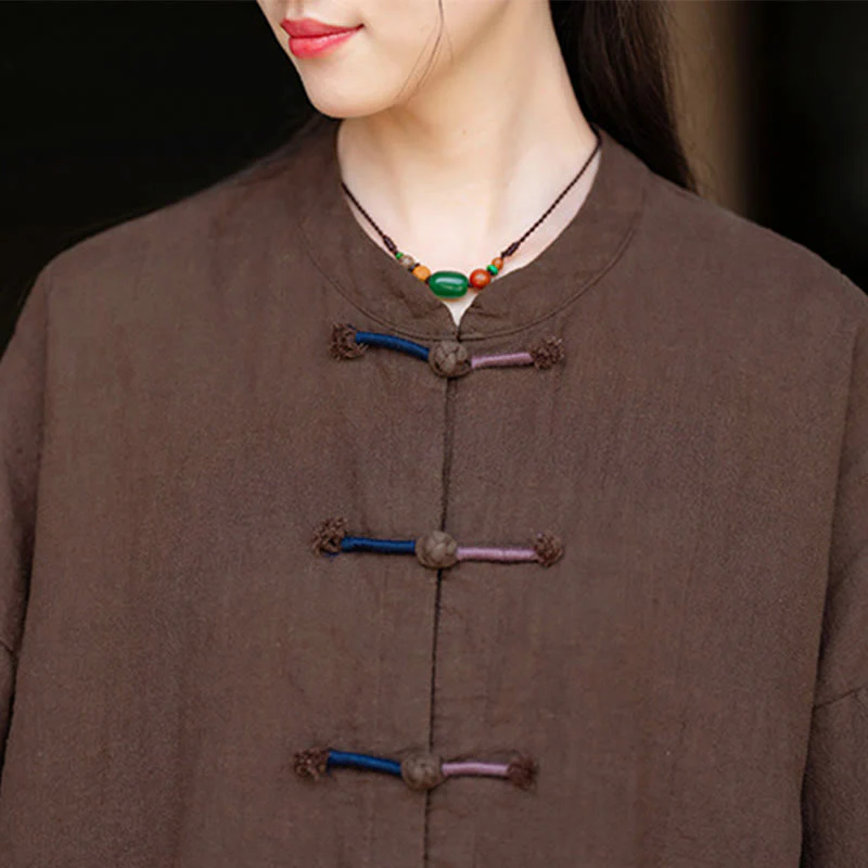 Camicia da donna in lino ramiè a maniche lunghe con bottoni a rana e tinta unita , Buddha Stones - Image 20