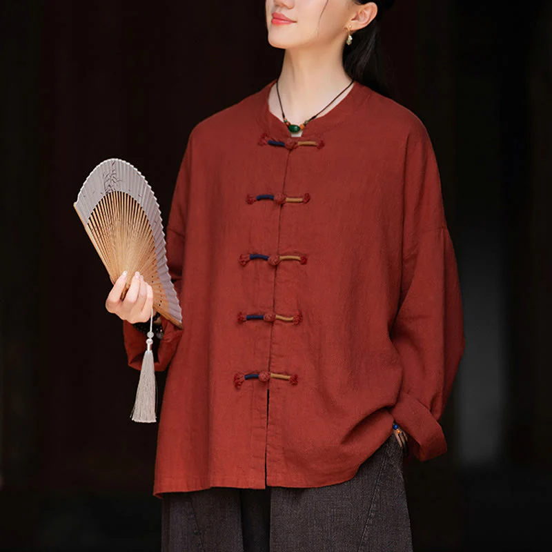 Camicia da donna in lino ramiè a maniche lunghe con bottoni a rana e tinta unita , Buddha Stones - Image 25