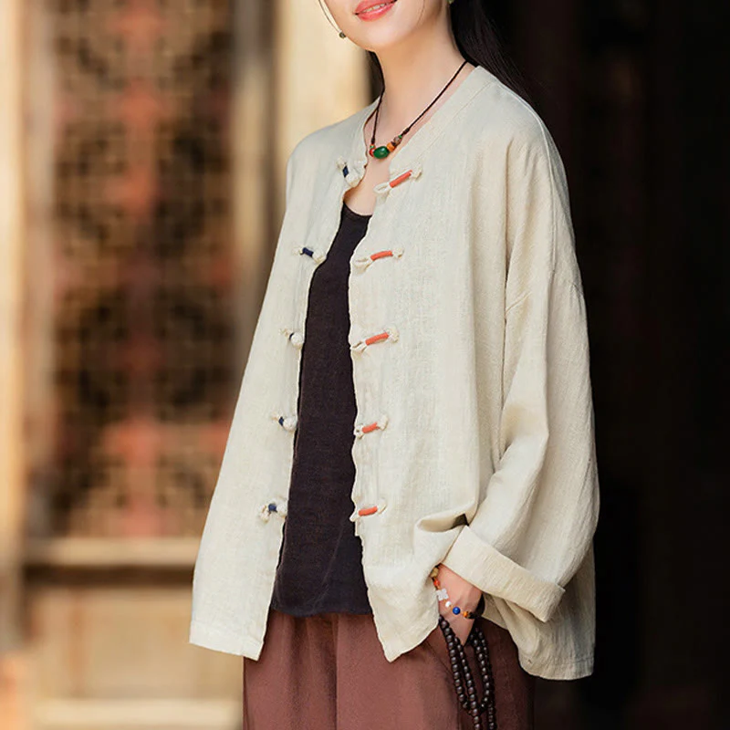 Camicia da donna in lino ramiè a maniche lunghe con bottoni a rana e tinta unita , Buddha Stones - Image 9
