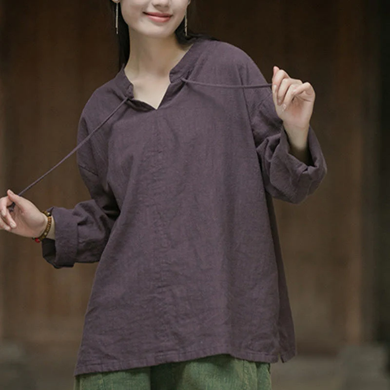 Camicia da donna in lino ramiè a maniche lunghe, stile retrò, tinta unita, motivo Buddha Stones - Image 15