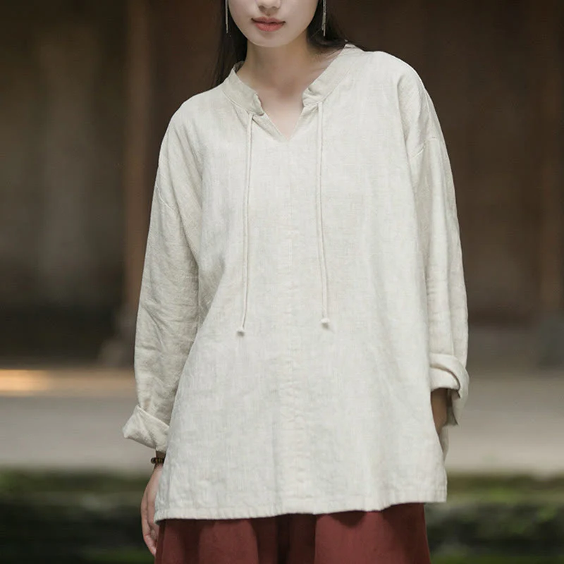 Camicia da donna in lino ramiè a maniche lunghe, stile retrò, tinta unita, motivo Buddha Stones - Image 2