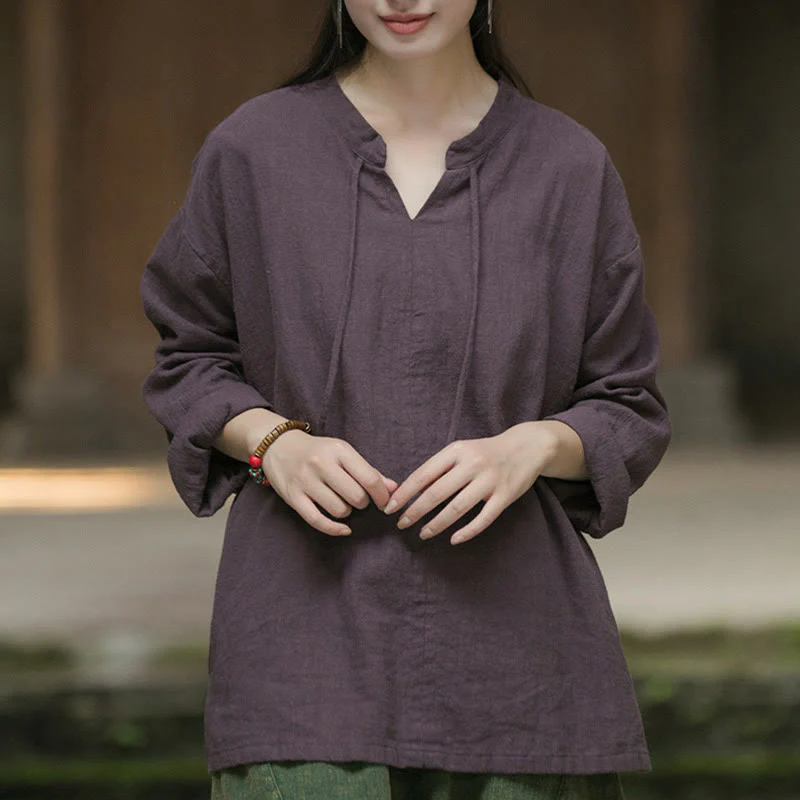Camicia da donna in lino ramiè a maniche lunghe, stile retrò, tinta unita, motivo Buddha Stones - Image 21