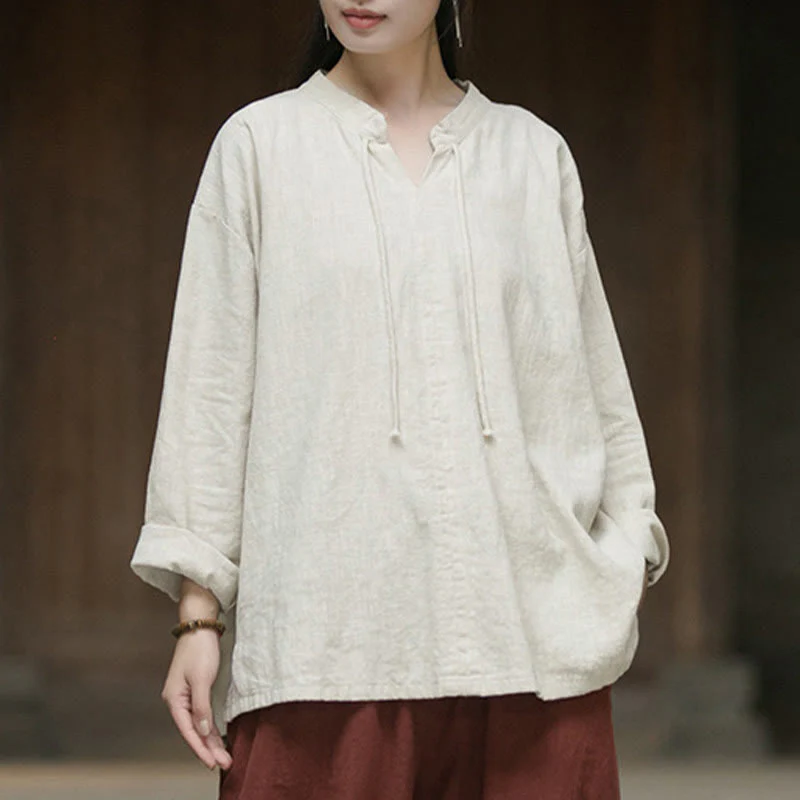 Camicia da donna in lino ramiè a maniche lunghe, stile retrò, tinta unita, motivo Buddha Stones - Image 3