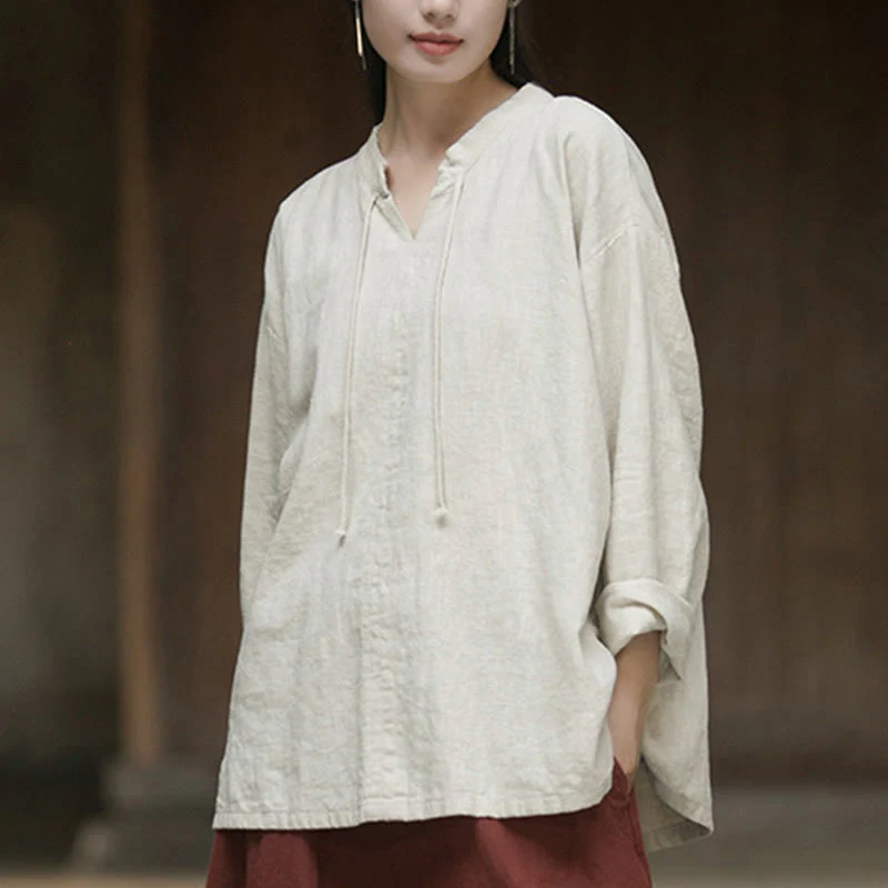 Camicia da donna in lino ramiè a maniche lunghe, stile retrò, tinta unita, motivo Buddha Stones - Image 4