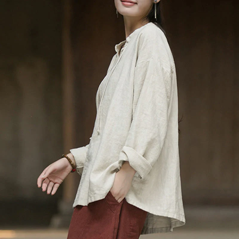 Camicia da donna in lino ramiè a maniche lunghe, stile retrò, tinta unita, motivo Buddha Stones - Image 5