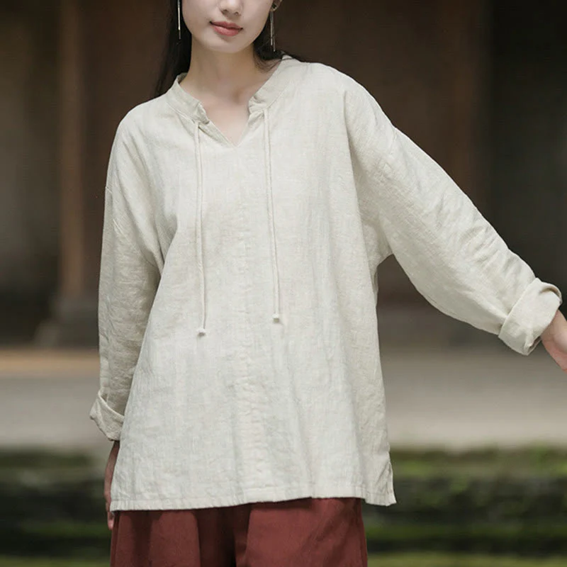 Camicia da donna in lino ramiè a maniche lunghe, stile retrò, tinta unita, motivo Buddha Stones - Image 7