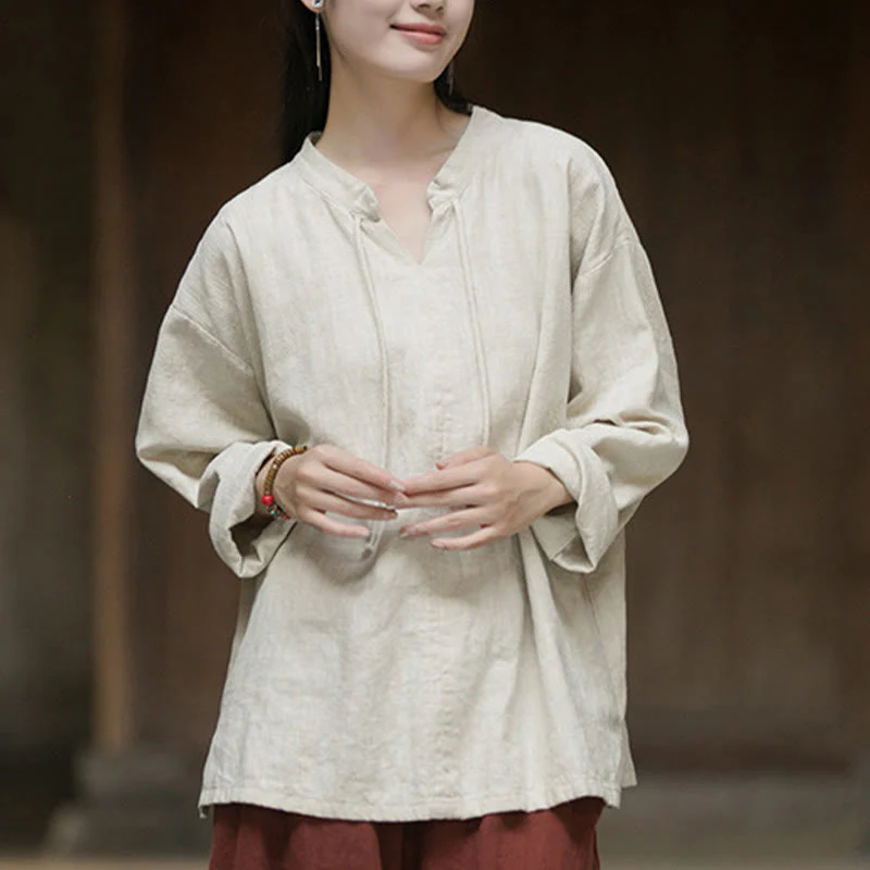 Camicia da donna in lino ramiè a maniche lunghe, stile retrò, tinta unita, motivo Buddha Stones - Image 9