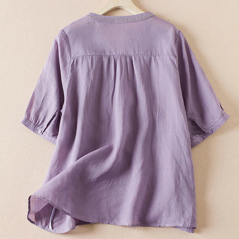 Camicia da donna in misto cotone con scollo a V, manica corta, motivo Buddha Stones Casual, ricamo di piante - Image 2