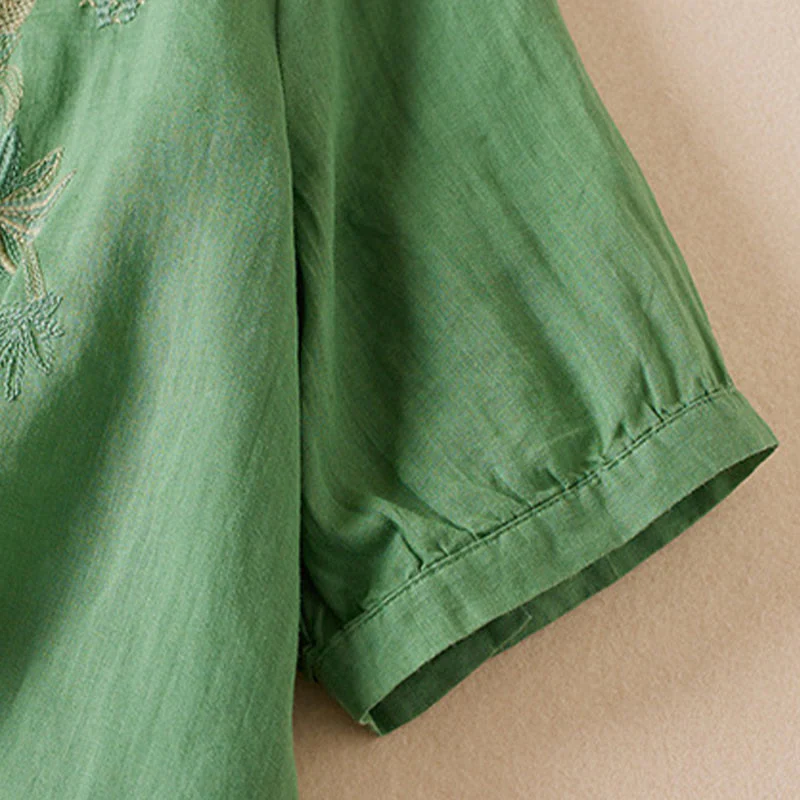 Camicia da donna in misto cotone con scollo a V, manica corta, motivo Buddha Stones Casual, ricamo di piante - Image 28