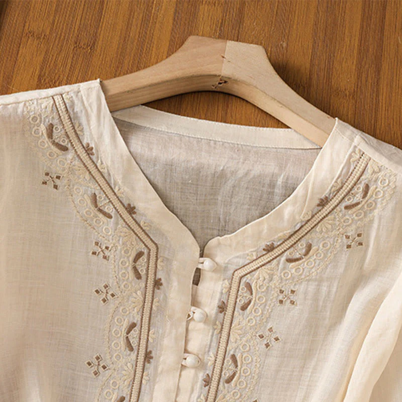 Camicia da donna in poliestere con scollo a V, manica corta , Buddha Stones, bottoni a rana - Image 2