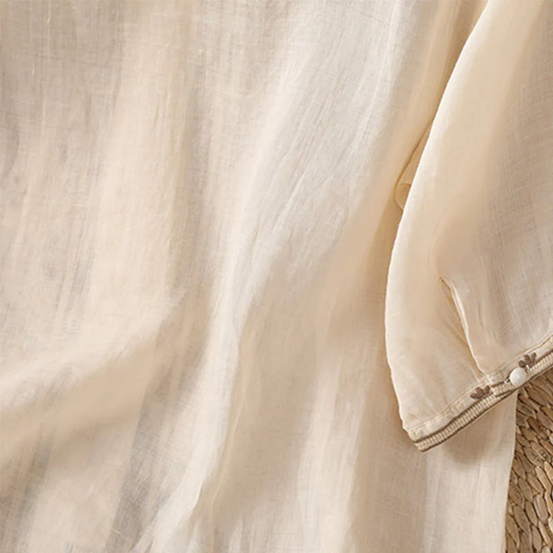Camicia da donna in poliestere con scollo a V, manica corta , Buddha Stones, bottoni a rana - Image 3