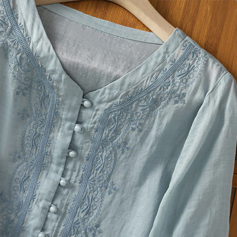 Camicia da donna in poliestere con scollo a V, manica corta , Buddha Stones, bottoni a rana - Image 9