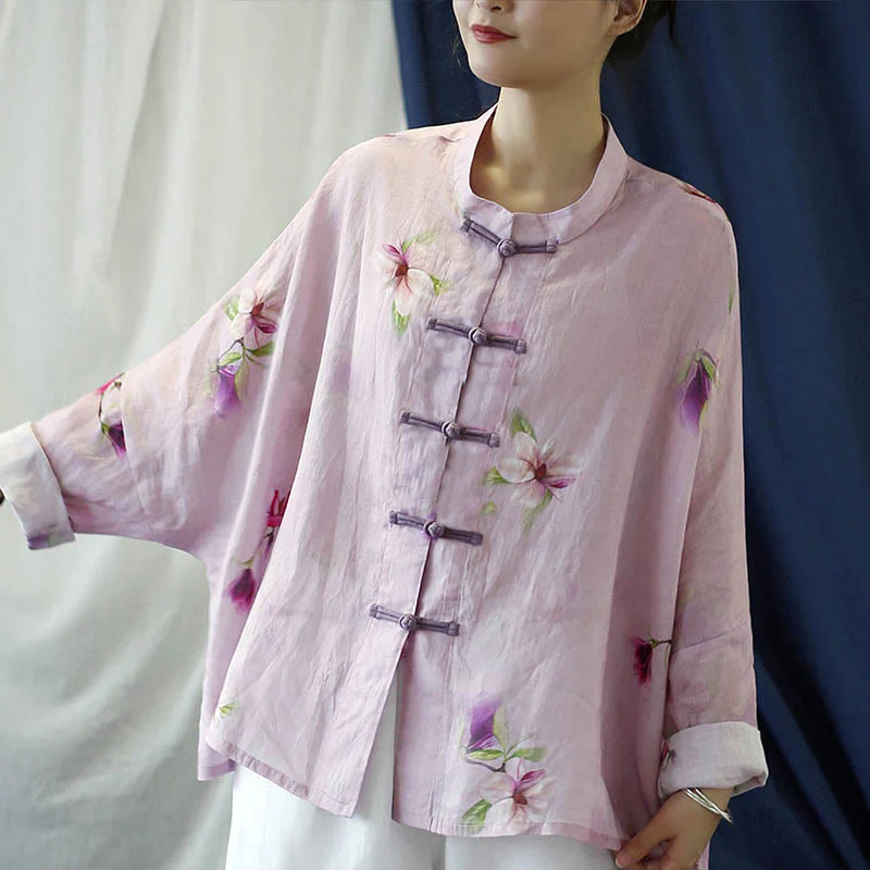 Camicia da giacca in lino ramiè a maniche lunghe con stampa a fiori rosa Buddha Stones Frog-button Design Batwing - Image 2