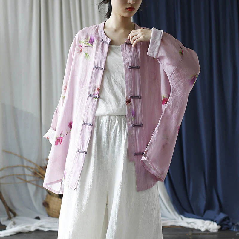 Camicia da giacca in lino ramiè a maniche lunghe con stampa a fiori rosa Buddha Stones Frog-button Design Batwing - Image 30