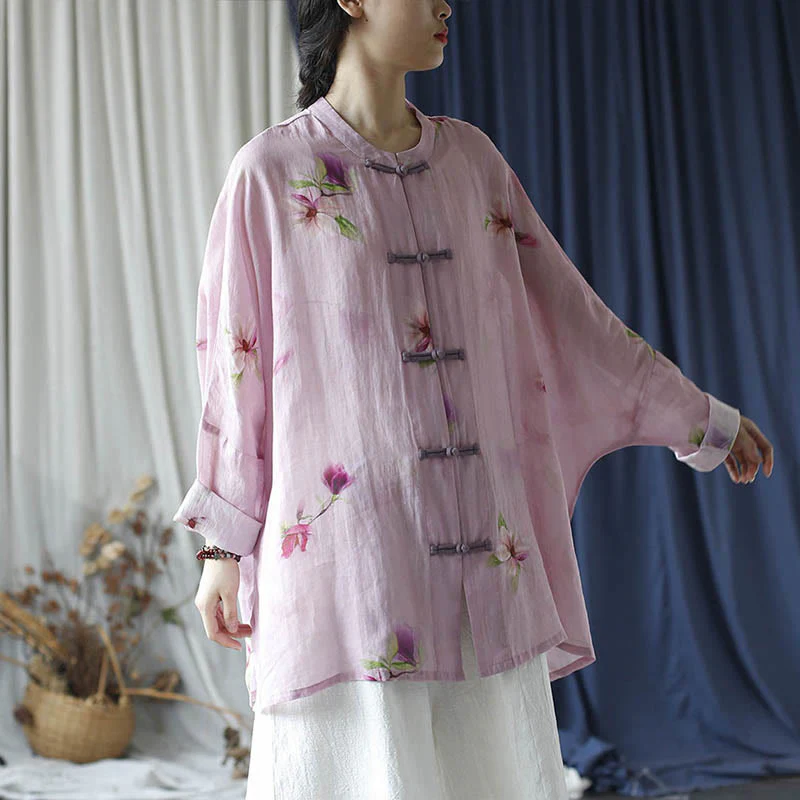 Camicia da giacca in lino ramiè a maniche lunghe con stampa a fiori rosa Buddha Stones Frog-button Design Batwing - Image 36