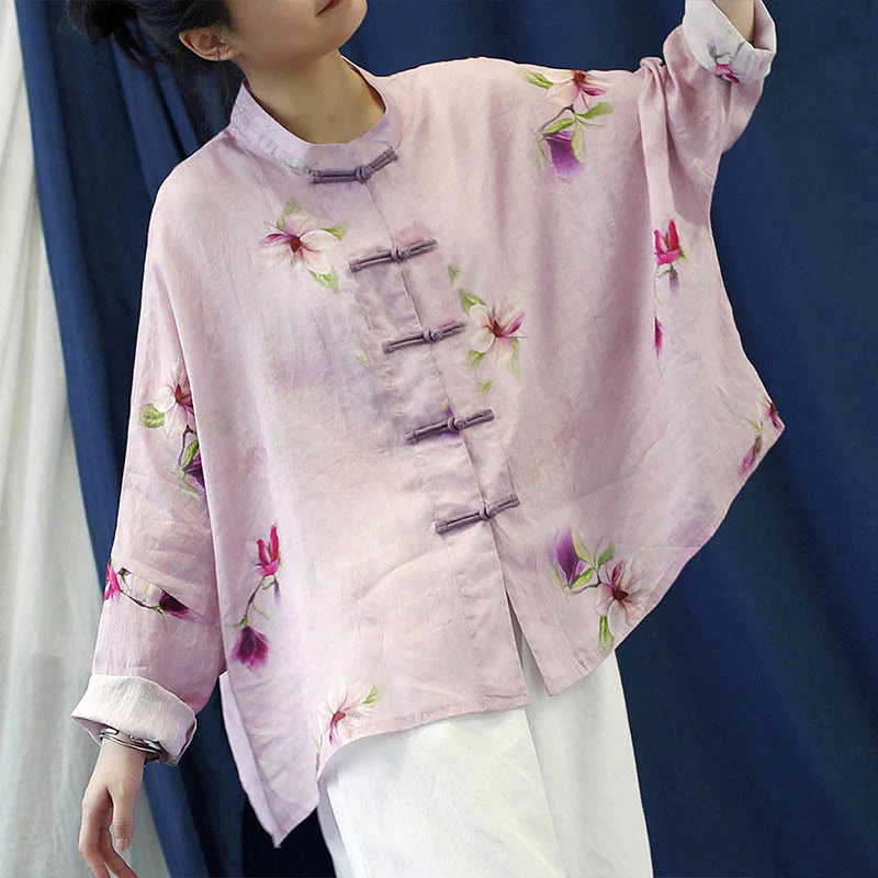 Camicia da giacca in lino ramiè a maniche lunghe con stampa a fiori rosa Buddha Stones Frog-button Design Batwing - Image 5