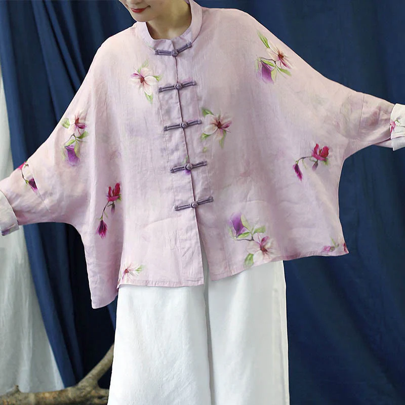 Camicia da giacca in lino ramiè a maniche lunghe con stampa a fiori rosa Buddha Stones Frog-button Design Batwing - Image 7
