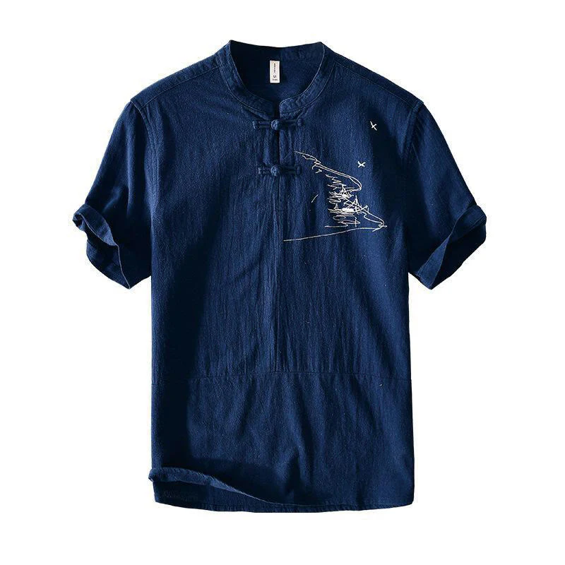 Camicia da uomo in cotone e lino con maniche corte, collo alla coreana, bottoni a rana Buddha Stones - Image 10