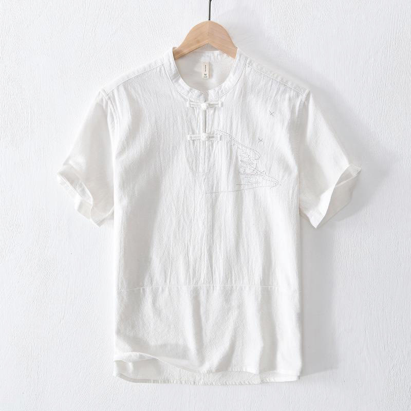 Camicia da uomo in cotone e lino con maniche corte, collo alla coreana, bottoni a rana Buddha Stones - Image 11
