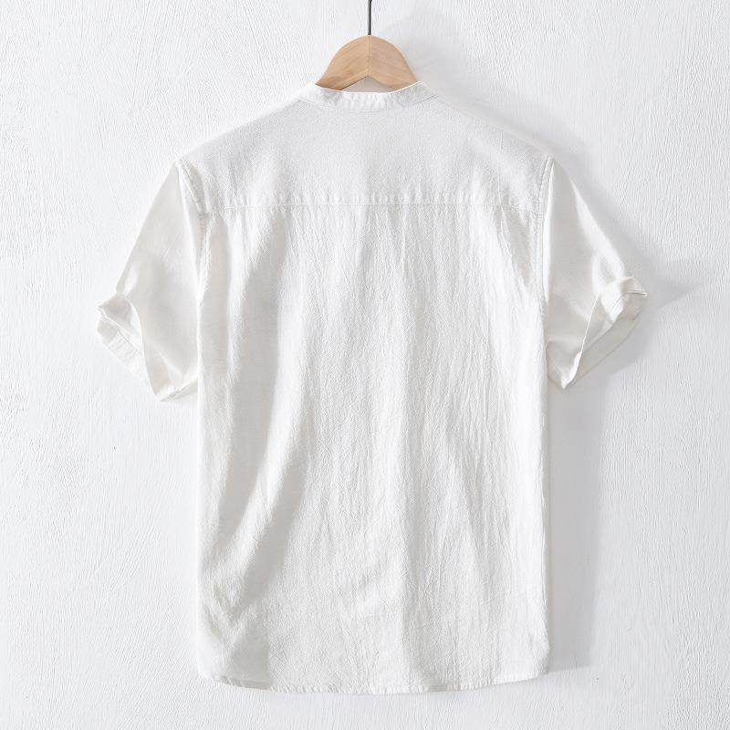 Camicia da uomo in cotone e lino con maniche corte, collo alla coreana, bottoni a rana Buddha Stones - Image 12