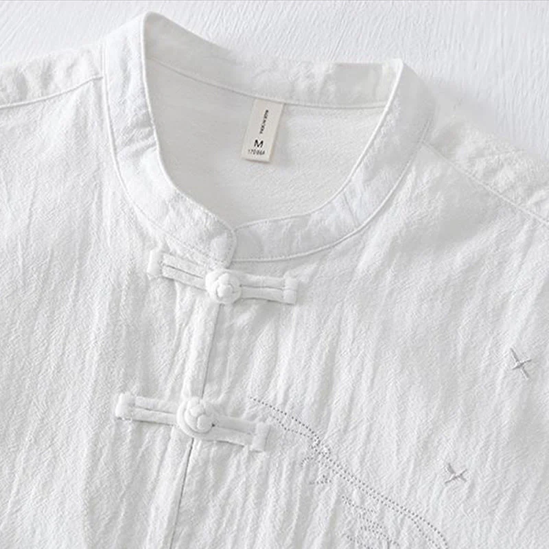 Camicia da uomo in cotone e lino con maniche corte, collo alla coreana, bottoni a rana Buddha Stones - Image 13