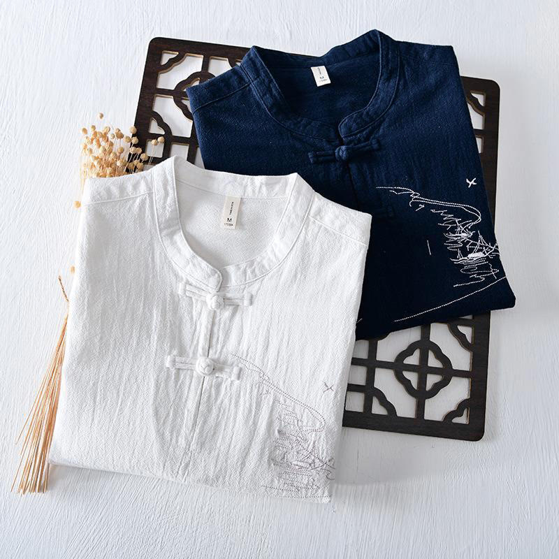 Camicia da uomo in cotone e lino con maniche corte, collo alla coreana, bottoni a rana Buddha Stones - Image 20