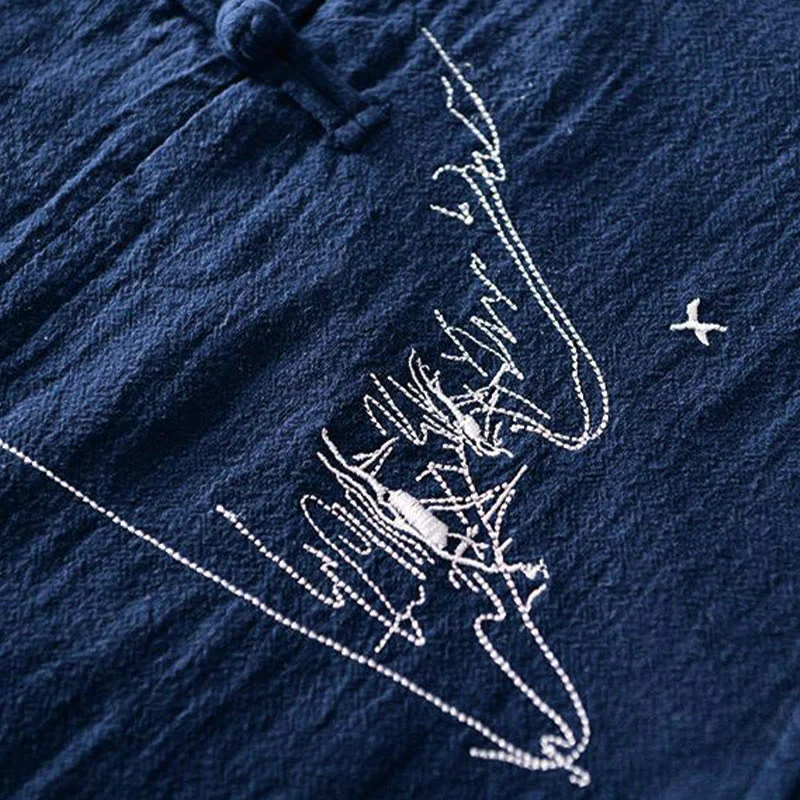 Camicia da uomo in cotone e lino con maniche corte, collo alla coreana, bottoni a rana Buddha Stones - Image 4