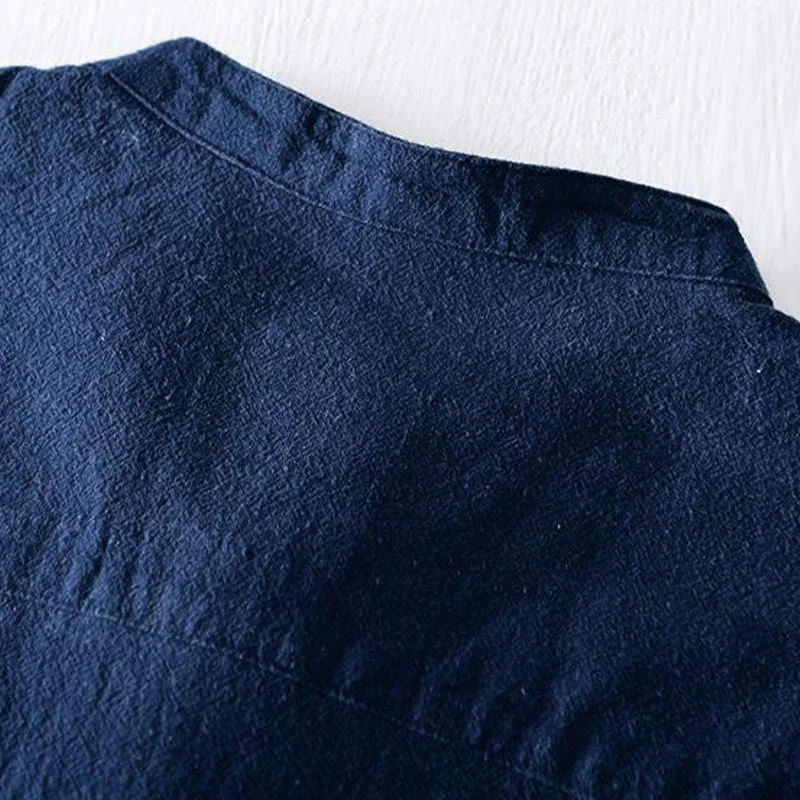 Camicia da uomo in cotone e lino con maniche corte, collo alla coreana, bottoni a rana Buddha Stones - Image 6