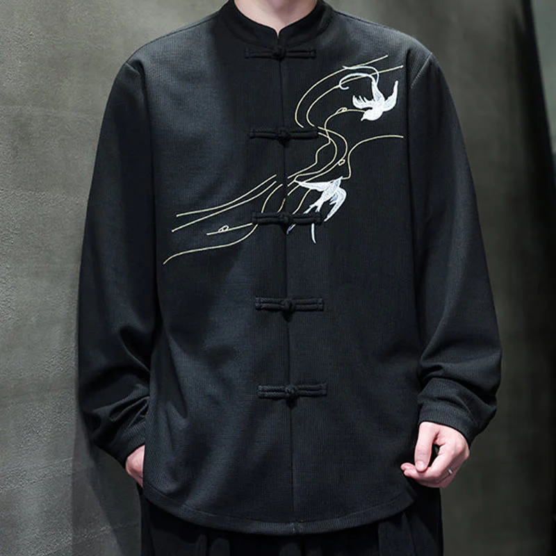 Camicia da uomo a maniche lunghe con colletto rialzato, ricamo a forma di rondine, bottoni a rana, Buddha Stones - Image 10