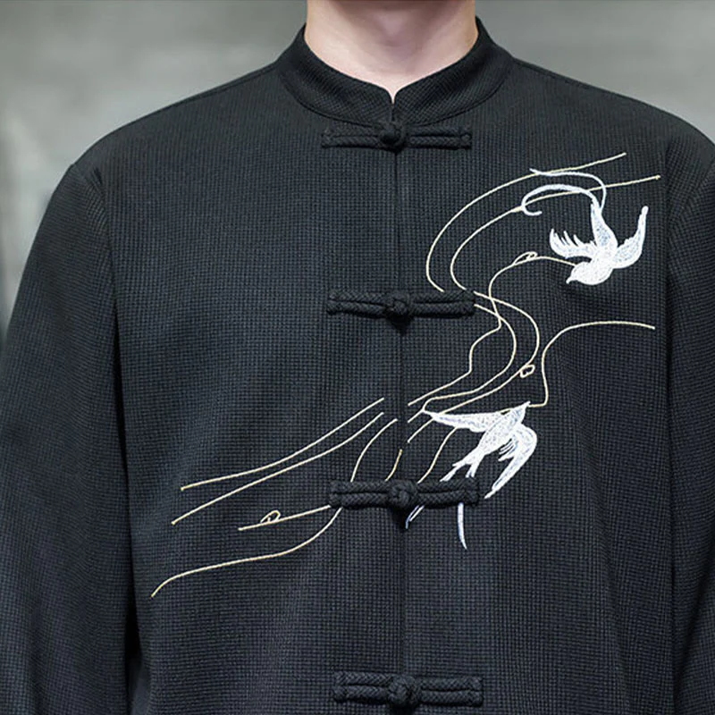 Camicia da uomo a maniche lunghe con colletto rialzato, ricamo a forma di rondine, bottoni a rana, Buddha Stones - Image 11