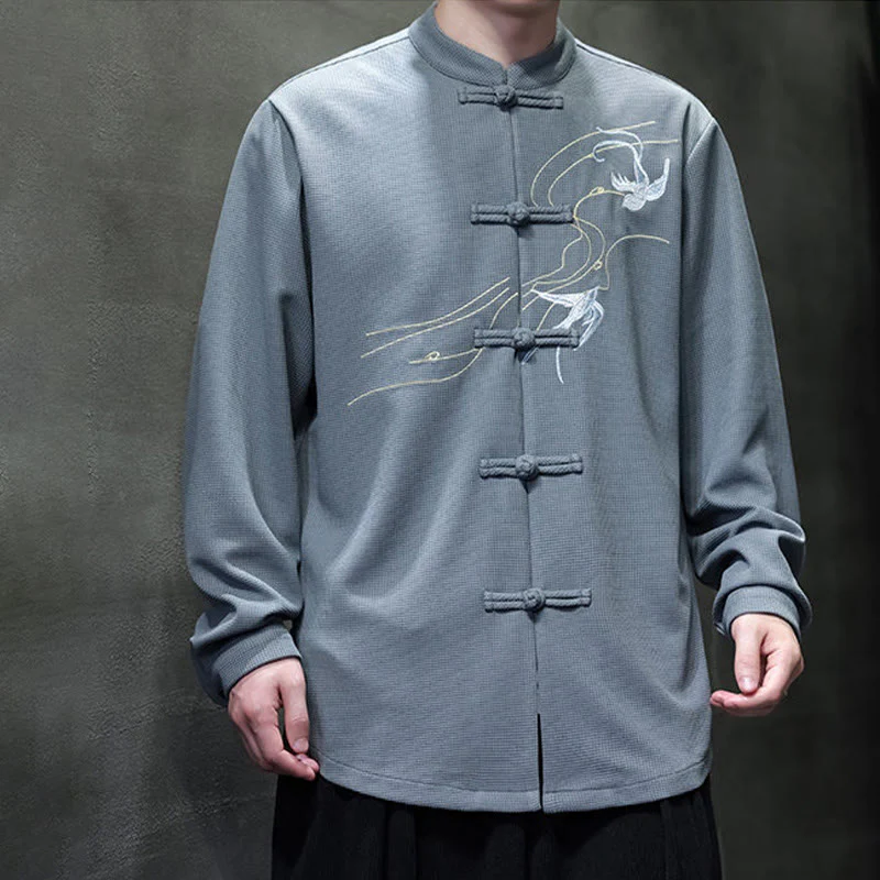 Camicia da uomo a maniche lunghe con colletto rialzato, ricamo a forma di rondine, bottoni a rana, Buddha Stones - Image 15
