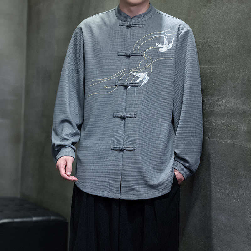 Camicia da uomo a maniche lunghe con colletto rialzato, ricamo a forma di rondine, bottoni a rana, Buddha Stones - Image 22