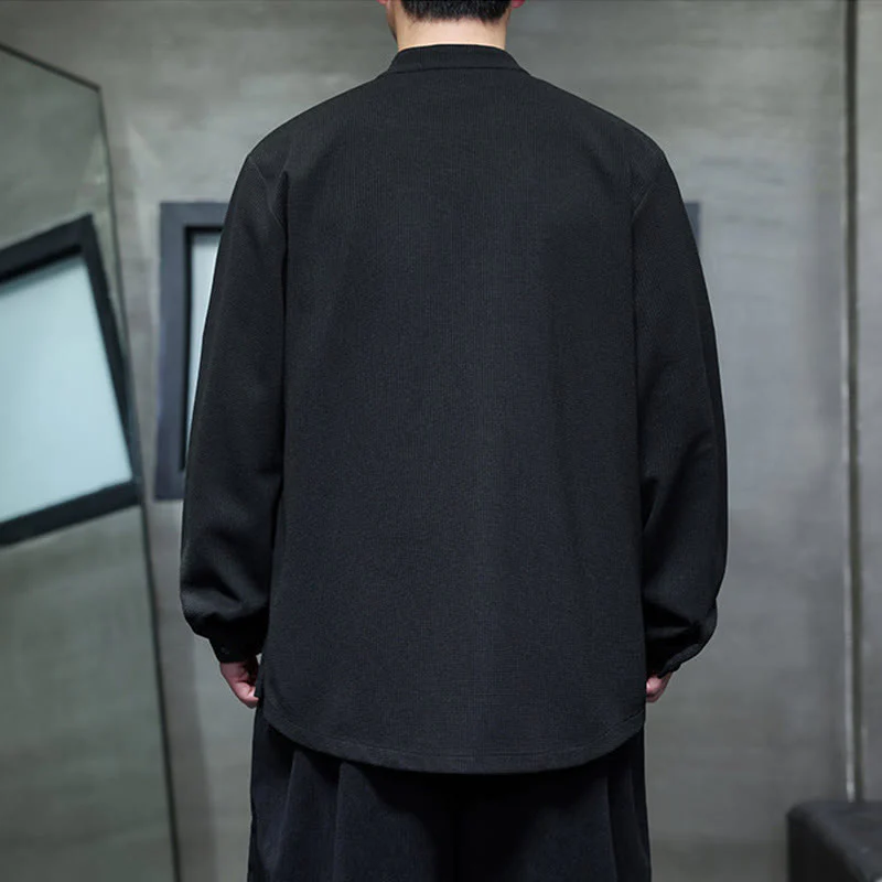Camicia da uomo a maniche lunghe con colletto rialzato, ricamo a forma di rondine, bottoni a rana, Buddha Stones - Image 4