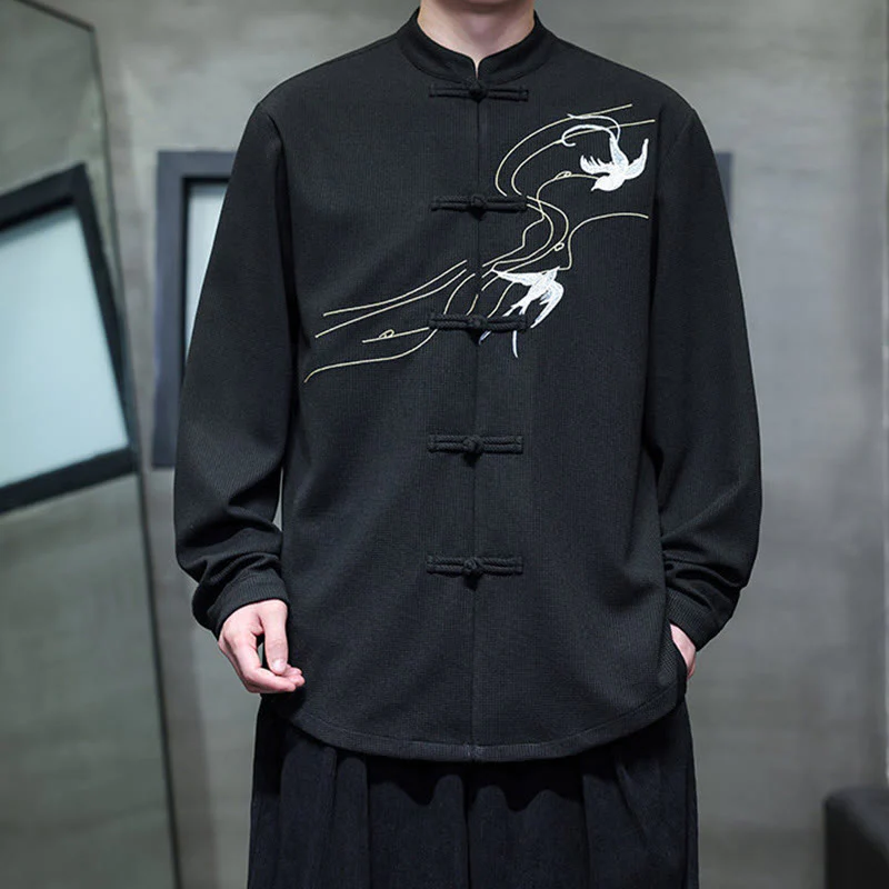 Camicia da uomo a maniche lunghe con colletto rialzato, ricamo a forma di rondine, bottoni a rana, Buddha Stones - Image 6