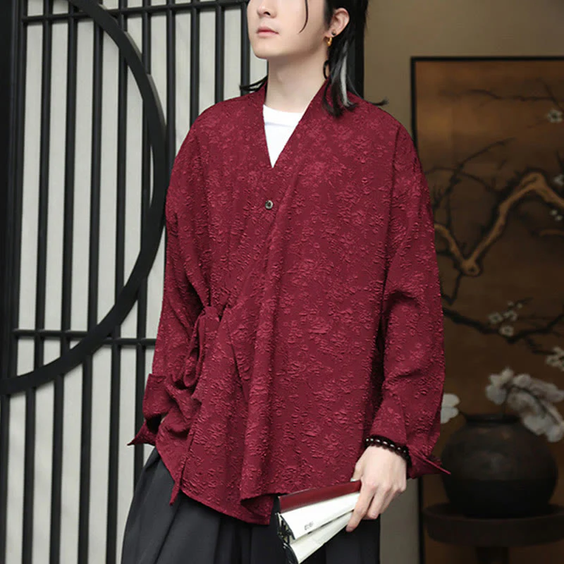 Camicia da uomo a maniche lunghe con scollo a V e motivo floreale Buddha Stones Spring con lacci - Image 13