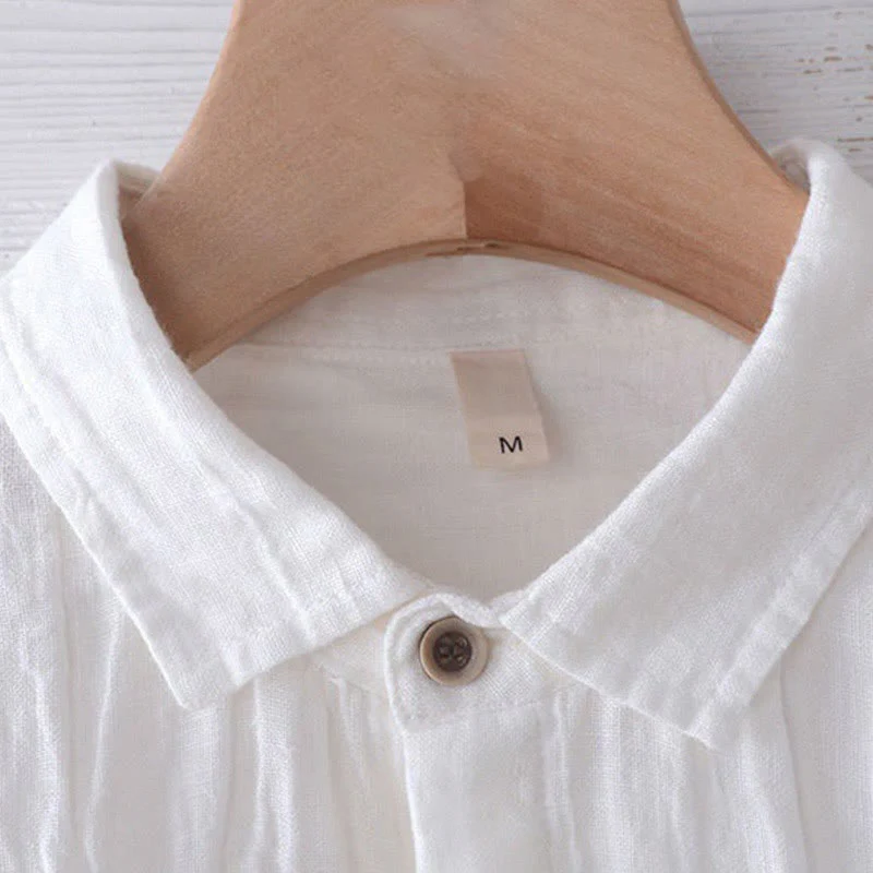 Camicia da uomo Buddha Stones , tinta unita, con risvolto, manica corta, comoda camicia in cotone e lino con piega e bottoni - Image 10