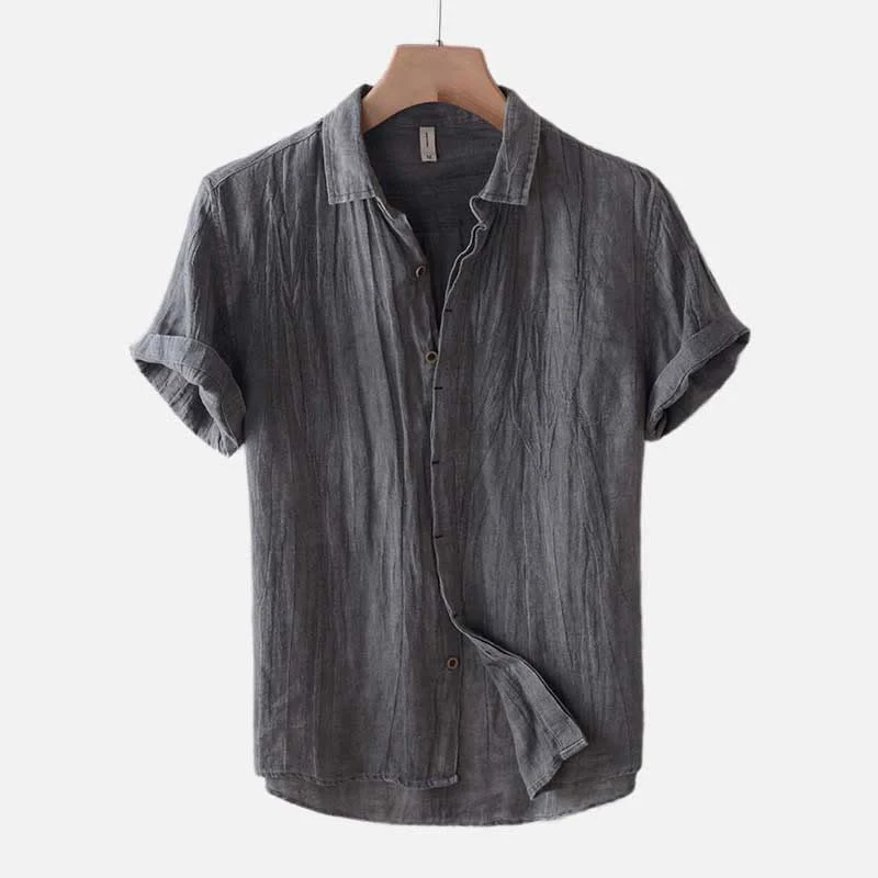 Camicia da uomo Buddha Stones , tinta unita, con risvolto, manica corta, comoda camicia in cotone e lino con piega e bottoni - Image 5
