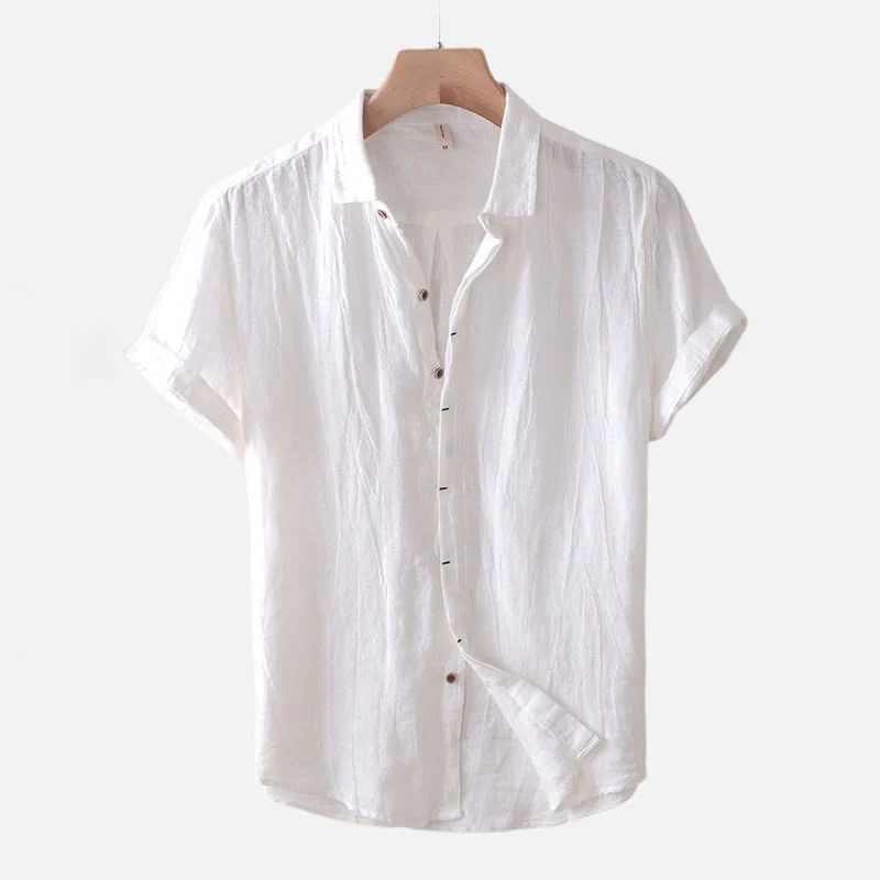 Camicia da uomo Buddha Stones , tinta unita, con risvolto, manica corta, comoda camicia in cotone e lino con piega e bottoni - Image 8