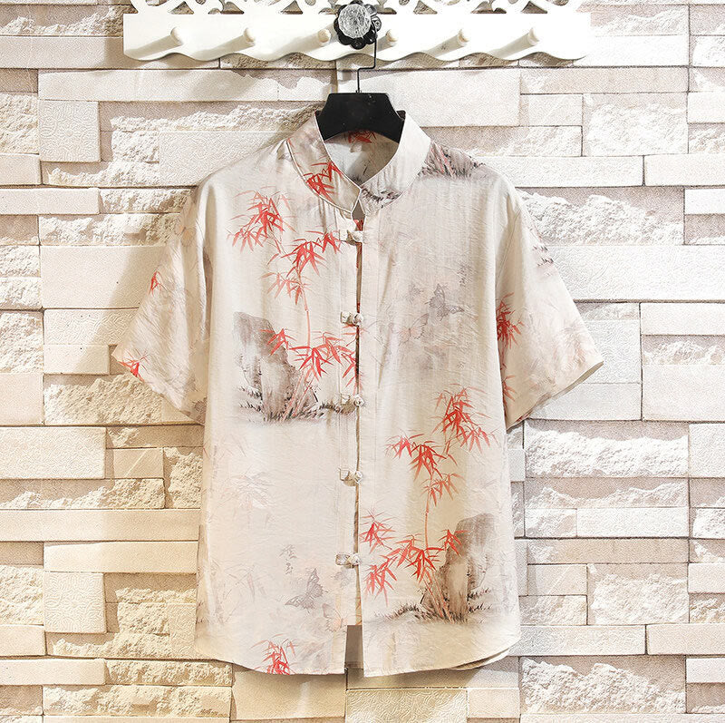 Camicia da uomo con giacca, manica corta, motivo a farfalla in bambù estivo con Buddha Stones