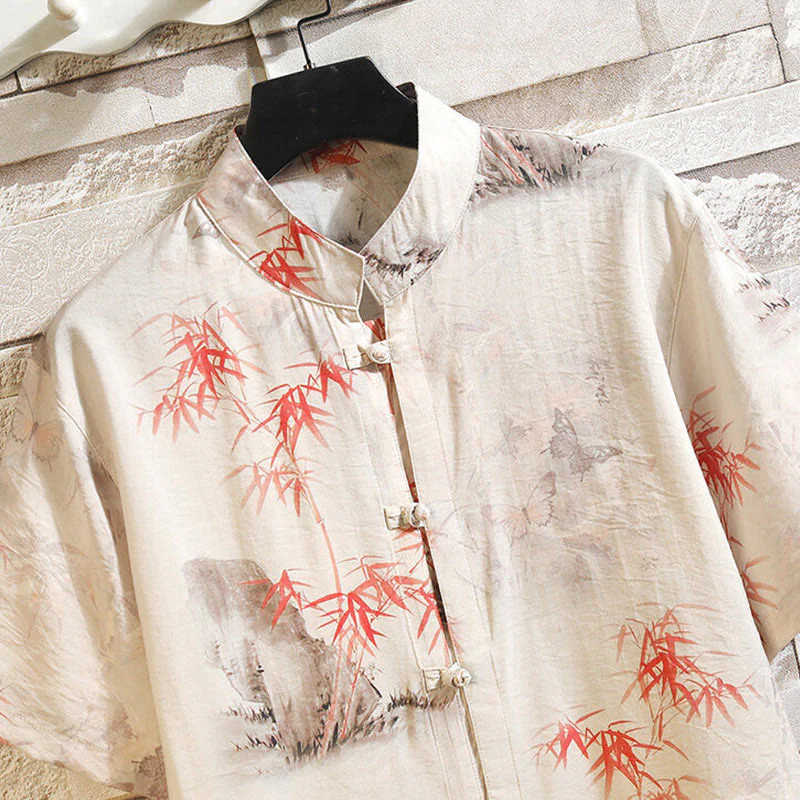 Camicia da uomo con giacca, manica corta, motivo a farfalla in bambù estivo con Buddha Stones - Image 3