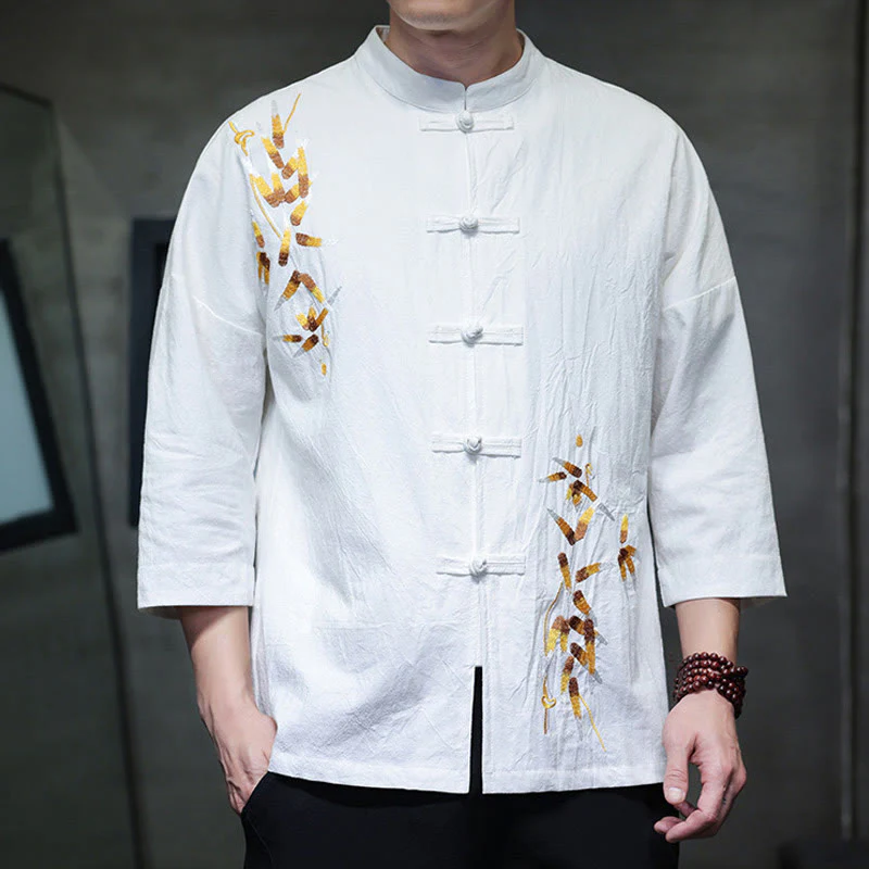 Camicia da uomo con maniche a tre quarti, bottoni cinesi a forma di rana e ricamo Buddha Stones - Image 11