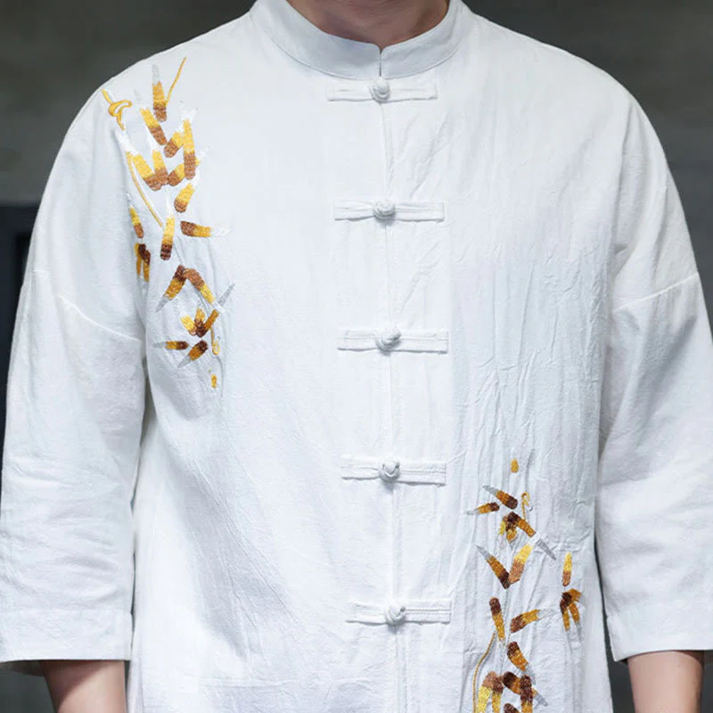 Camicia da uomo con maniche a tre quarti, bottoni cinesi a forma di rana e ricamo Buddha Stones - Image 12