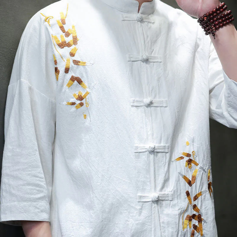 Camicia da uomo con maniche a tre quarti, bottoni cinesi a forma di rana e ricamo Buddha Stones - Image 13