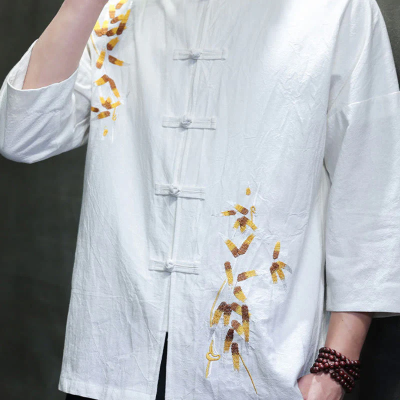 Camicia da uomo con maniche a tre quarti, bottoni cinesi a forma di rana e ricamo Buddha Stones - Image 15