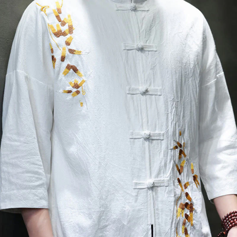 Camicia da uomo con maniche a tre quarti, bottoni cinesi a forma di rana e ricamo Buddha Stones - Image 17