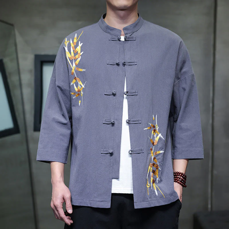 Camicia da uomo con maniche a tre quarti, bottoni cinesi a forma di rana e ricamo Buddha Stones - Image 22