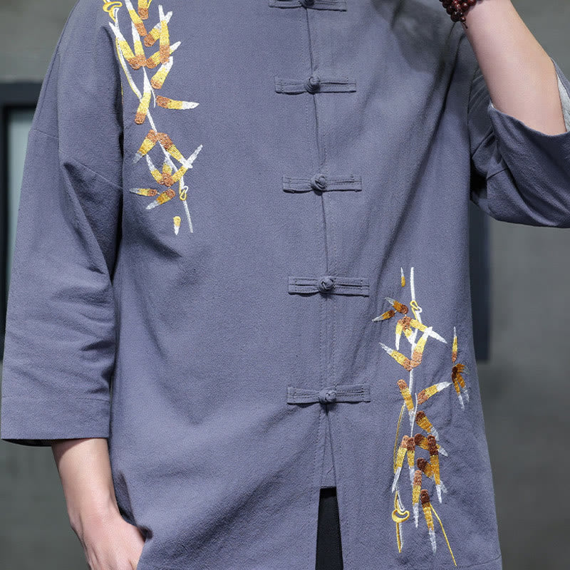 Camicia da uomo con maniche a tre quarti, bottoni cinesi a forma di rana e ricamo Buddha Stones - Image 25